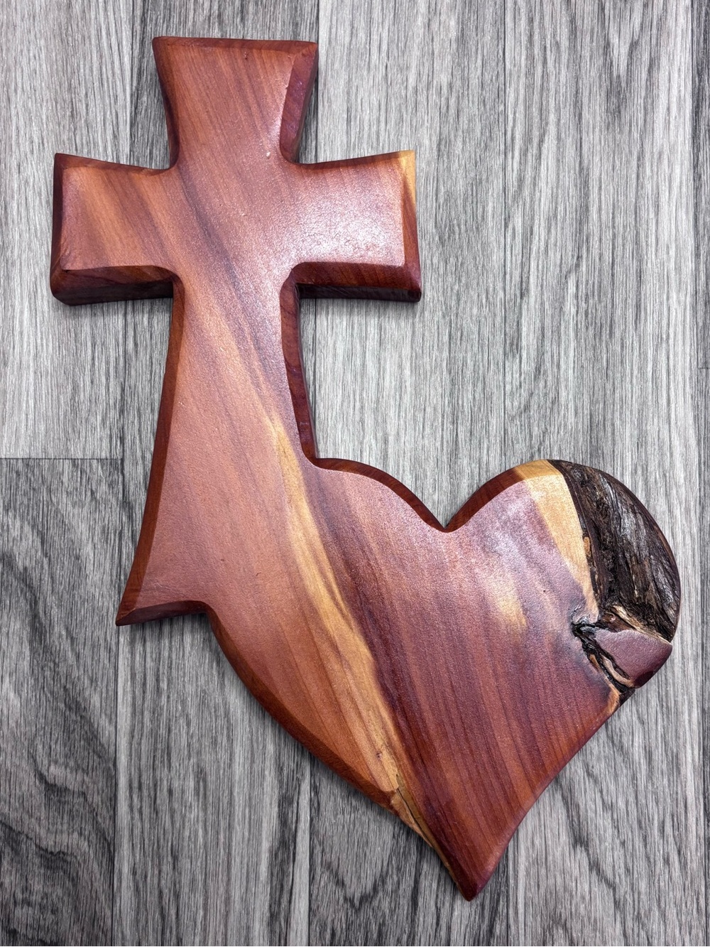 Vintage Hand-made Wood Hanging Cross Heart Christian Wall Decor 12”X8.5”